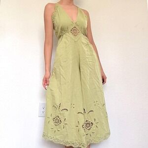 Free People Green Linen Wide Leg Jumpsuit